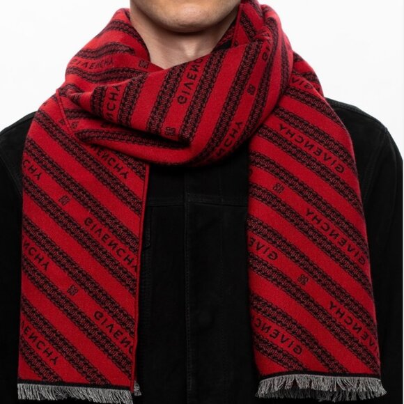 GIVENCHY LOGO WOOL BLEND BLACK RED SCARF